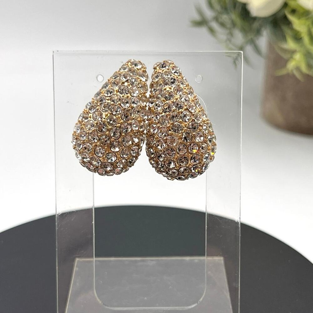 Diamante Teardrop Rhinestone Pave Stud Gold Tone‎ Runway Pierced Earrings